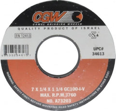 Camel Grinding Wheels - 7" Diam x 1-1/4" Hole x 1/4" Thick, I Hardness, 100 Grit Surface Grinding Wheel - Silicon Carbide, Type 1, Fine Grade, 3,760 Max RPM, Vitrified Bond, No Recess - Caliber Tooling