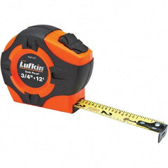 Lufkin - 12' x 3/4" Yellow Steel Blade Tape Measure - 1/16" Graduation, High-Visibility Orange ABS Rubber Grip Case - Caliber Tooling