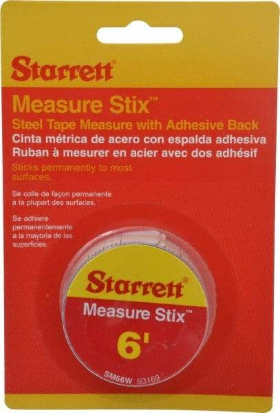 Starrett - 6 Ft. Long x 3/4 Inch Wide, 1/32 and 1/16 Inch Graduation, White, Steel Adhesive Tape Measure - Caliber Tooling