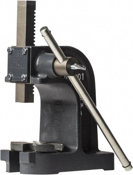 Dake - 1" Ram, 3-1/2" Throat Depth, 1 Ton Manual Arbor Press - 4-1/2" Max Work Height x 7" Max Work Width, Single Leverage, 25:1 Leverage Ratio, 4-1/4" Base Width x 9" Base Depth - Caliber Tooling