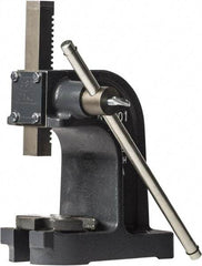 Dake - 1" Ram, 3-1/2" Throat Depth, 1 Ton Manual Arbor Press - 4-1/2" Max Work Height x 7" Max Work Width, Single Leverage, 25:1 Leverage Ratio, 4-1/4" Base Width x 9" Base Depth - Caliber Tooling