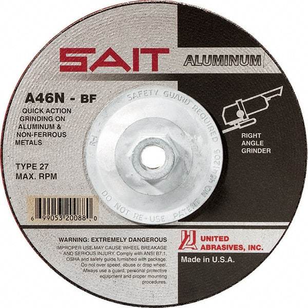 Sait - 46 Grit, 7" Wheel Diam, 1/4" Wheel Thickness, Type 27 Depressed Center Wheel - Aluminum Oxide, Resinoid Bond, N Hardness, 8,500 Max RPM, Compatible with Angle Grinder - Caliber Tooling