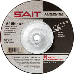 Sait - 46 Grit, 5" Wheel Diam, 1/4" Wheel Thickness, Type 27 Depressed Center Wheel - Aluminum Oxide, Resinoid Bond, N Hardness, 12,200 Max RPM, Compatible with Angle Grinder - Caliber Tooling