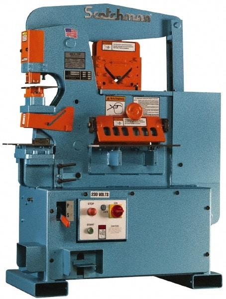 Scotchman - 6" Throat Depth, 50 Ton Punch Pressure, 1-1/4" in 1/2" & 13/16" in 3/4" Punch Capacity Ironworker - 3 hp, 3 Phase, 208/380/575 (Standard), 220 (Optional) & 230/460 (Standard) Volts, 47" Wide x 59" High x 29" Deep - Caliber Tooling