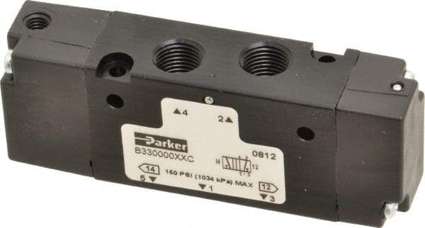 Parker - 1/8", 4-Way Body Ported Stacking Solenoid Valve - 0.75 CV Rate, Air Return, 1.13" High x 2.65" Long - Caliber Tooling