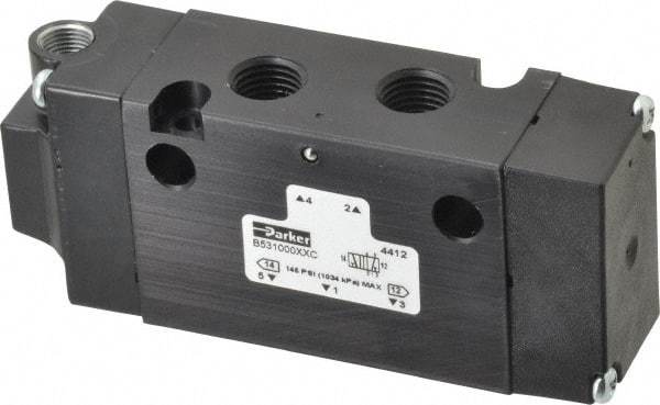 Parker - 1/4", 4-Way Body Ported Stacking Solenoid Valve - 1.4 CV Rate, Air Return, 1.89" High x 4.37" Long - Caliber Tooling