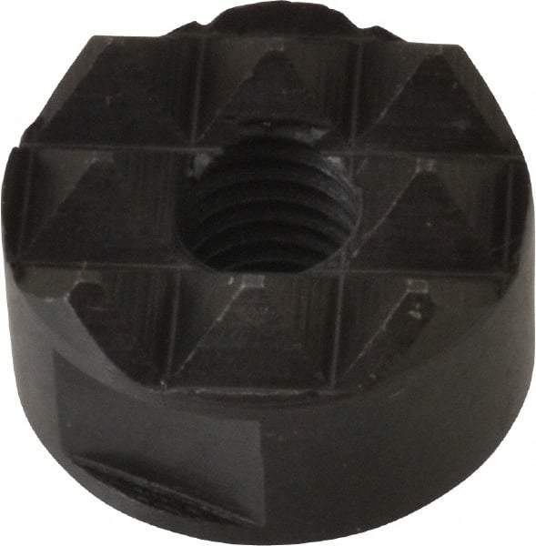 Fairlane - 1/4-28 Thread, 5/8" Diam, 3/8" High, Threaded, Coarse Tooth Grade Diamond Serration Tooth Pattern, High Speed Steel, Round Positioning Gripper - 3/16" Flat Width, Black Oxide Coated - Caliber Tooling