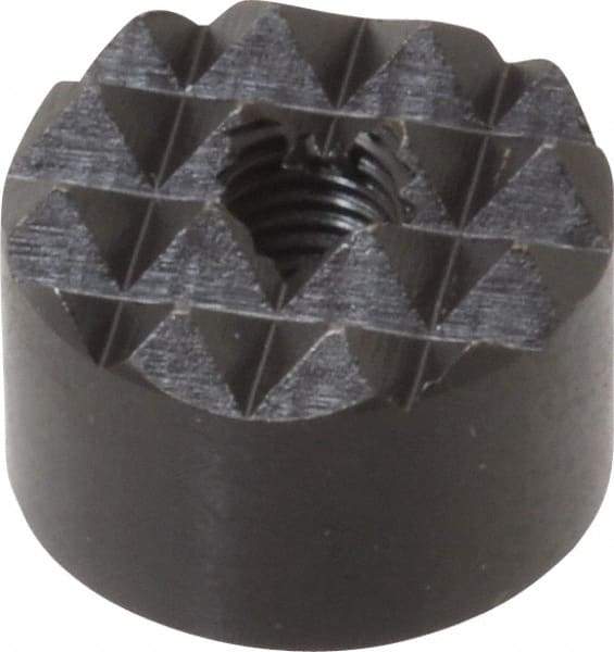 Fairlane - 1/4-28 Thread, 3/4" Diam, 1/2" High, Threaded, Coarse Tooth Grade Diamond Serration Tooth Pattern, High Speed Steel, Round Positioning Gripper - 3/16" Flat Width, Black Oxide Coated - Caliber Tooling