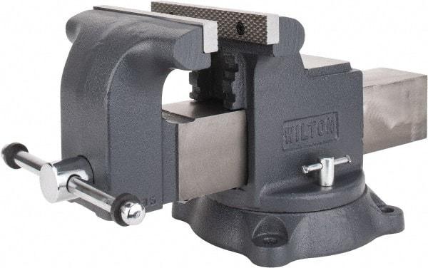 Wilton - 8" Jaw Width x 8" Jaw Opening Capacity, 4" Throat Depth, Bench & Pipe Combination Vise - 3/4 to 3" Pipe Capacity, Swivel Base, Bolt Down Attachment, Ductile Iron - Caliber Tooling