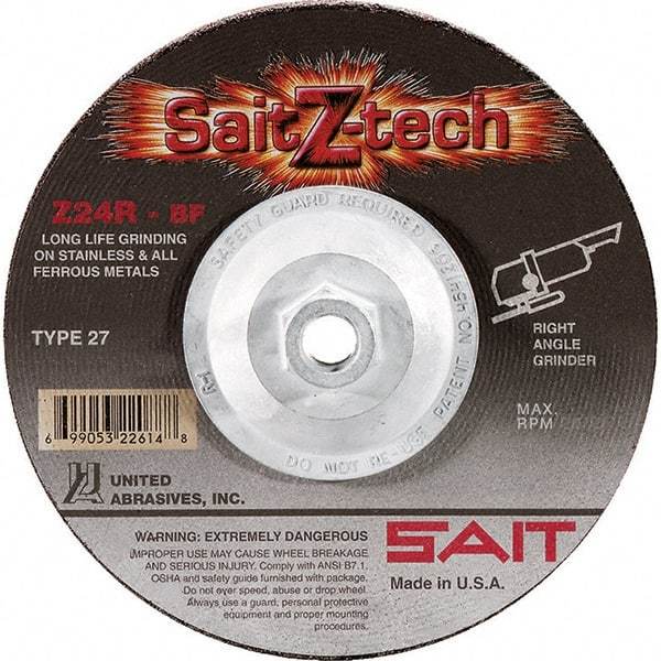 Sait - 24 Grit, 4-1/2" Wheel Diam, 1/4" Wheel Thickness, Type 27 Depressed Center Wheel - Zirconia Alumina, Resinoid Bond, R Hardness, 13,300 Max RPM, Compatible with Angle Grinder - Caliber Tooling