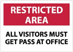 NMC - "Restricted Area - All Visitors Must Get Pass at Office", 10" Long x 14" Wide, Aluminum Safety Sign - Rectangle, 0.04" Thick, Use for Security & Admittance - Caliber Tooling