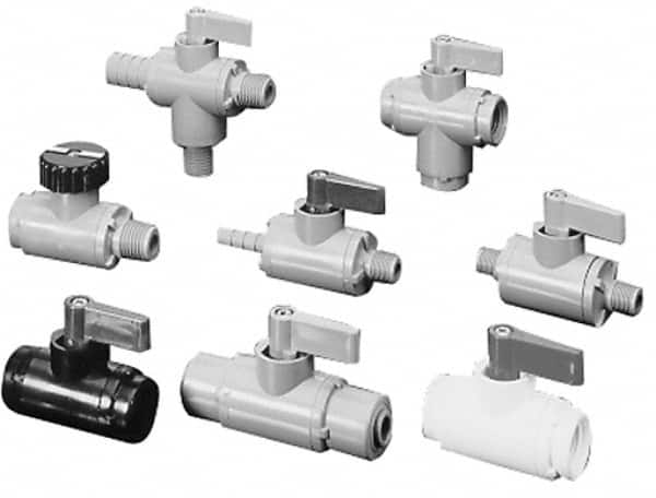 Specialty Mfr - 1/2" Pipe, PVC Standard Ball Valve - Inline - Two Way Flow, Barbed x Barbed Ends, Wedge Handle, 125 WOG - Caliber Tooling