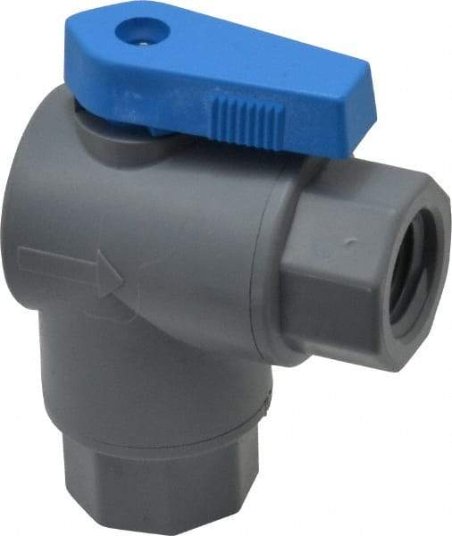 Specialty Mfr - 1/4" Pipe, PVC Standard Ball Valve - Right Angle, FNPT x FNPT Ends, Wedge Handle, 125 WOG - Caliber Tooling