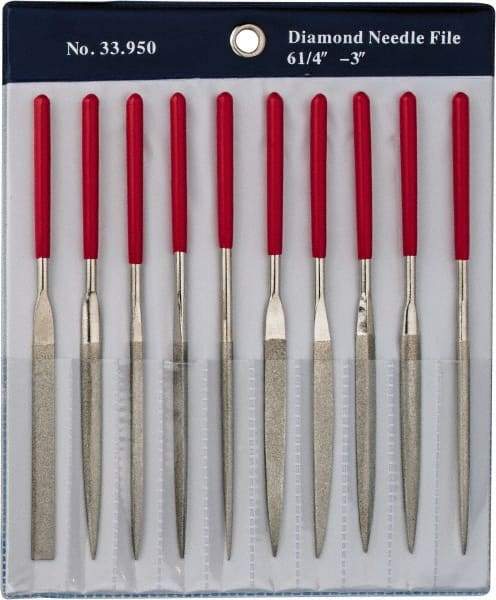 Grobet - 10 Piece Diamond Pattern File Set - 6-1/4" Long, Medium Coarseness, Set Includes Flat, Round, Square, Three Square - Caliber Tooling