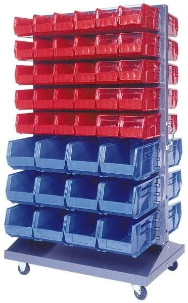 Quantum Storage - 500 Lb Capacity, 25" Deep x 36" Wide x 64" High, Steel Mobile Rack - 2 Sides, 48 Red Polyethylene/Polypropylene Bins - Caliber Tooling