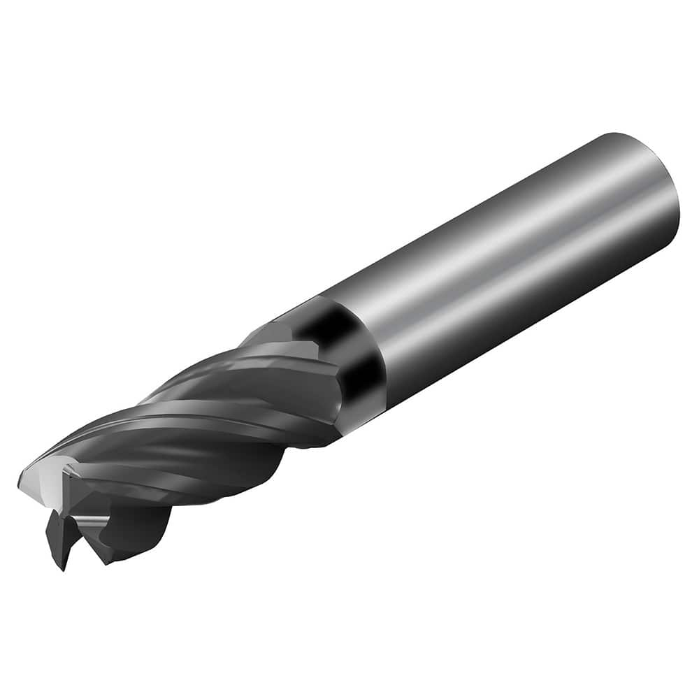 Corner Radius End Mill: 1/4″ Dia, 1-1/4″ LOC, 0.01″ Radius, 4 Flutes, Solid Carbide 3″ OAL, 1/4″ Shank Dia, 36.5 ° Helix, AlTiN Coated, Corner Radius End, Centercutting, Series CoroMill Dura