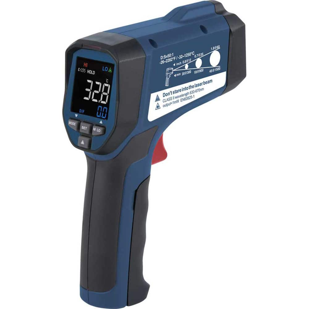 REED Instruments - Infrared Thermometers; Minimum Temperature (C): -32.00 ; Minimum Temperature (F): -26.000 ; Maximum Temperature (C): 1250.00 ; Maximum Temperature (F): 2282.000 ; Distance to Spot Ratio: 50:1 ; Power Supply: (1) 9V Battery - Exact Industrial Supply