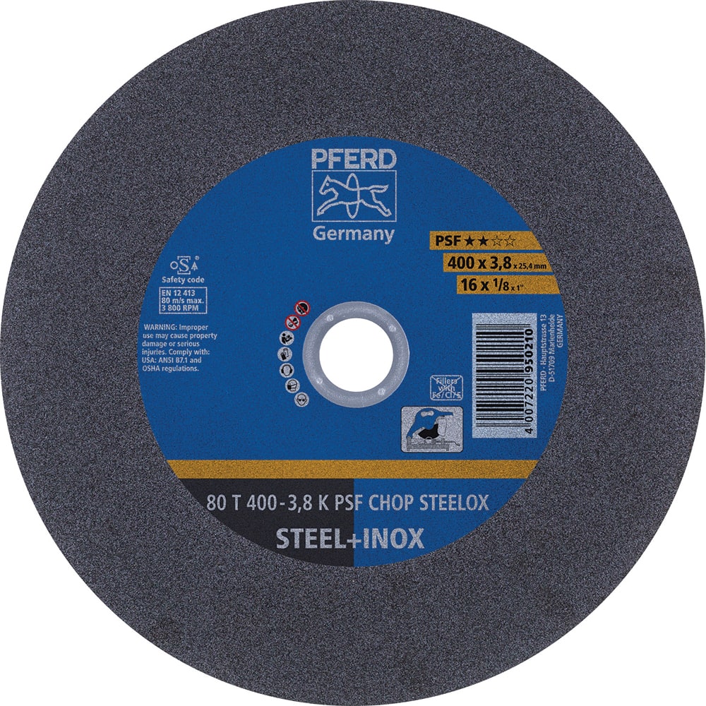 PFERD - Cutoff Wheels; Tool Compatibility: Chop Saw ; Wheel Diameter (Inch): 16 ; Wheel Thickness (Inch): 1/8 ; Abrasive Material: Aluminum Oxide ; Maximum RPM: 3800.000 ; Grit: 36 - Exact Industrial Supply