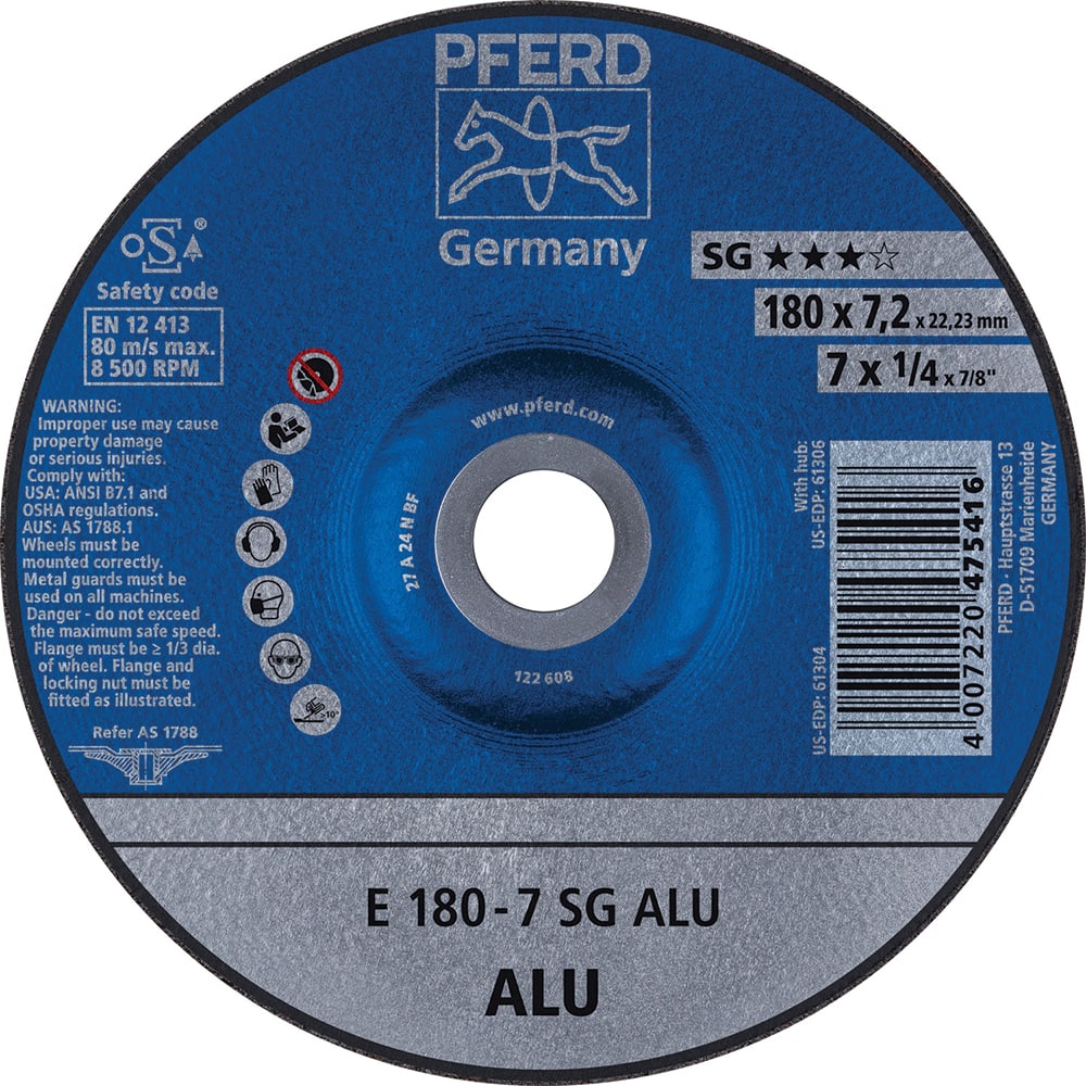 PFERD - Depressed-Center Wheels; Hole Size (Inch): 7/8 ; Connector Type: Arbor ; Wheel Type Number: Type 27 ; Abrasive Material: Aluminum Oxide/Silicon Carbide ; Maximum RPM: 8500.000 ; Bond Type: Resinoid - Exact Industrial Supply