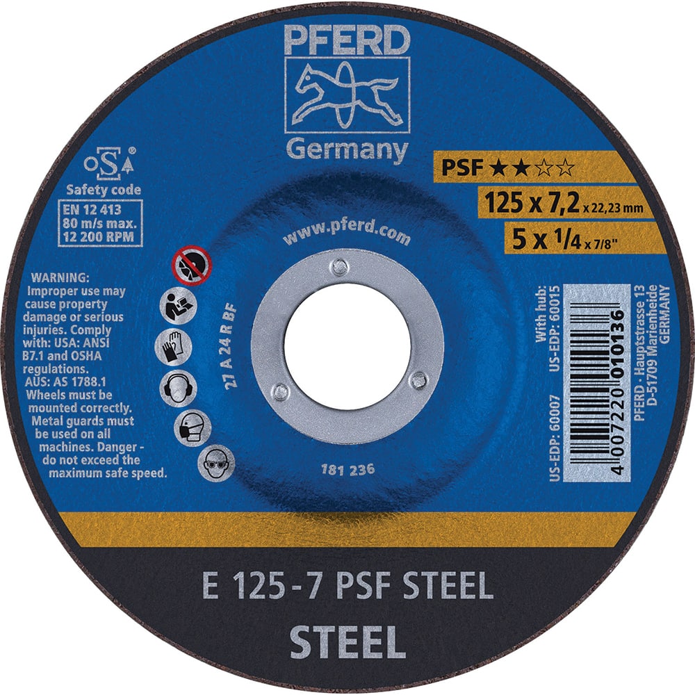 PFERD - Depressed-Center Wheels; Hole Size (Inch): 7/8 ; Connector Type: Arbor ; Wheel Type Number: Type 27 ; Abrasive Material: Aluminum Oxide ; Maximum RPM: 12200.000 ; Grit: 24 - Exact Industrial Supply