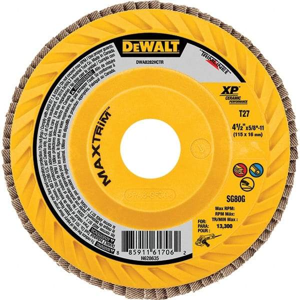 DeWALT - 40 Grit, 4-1/2" Disc Diam, Type 27 Ceramic Flap Disc - 13,300 Max RPM, Poly Cotton Backing, Arbor Attaching System, Coated - Caliber Tooling