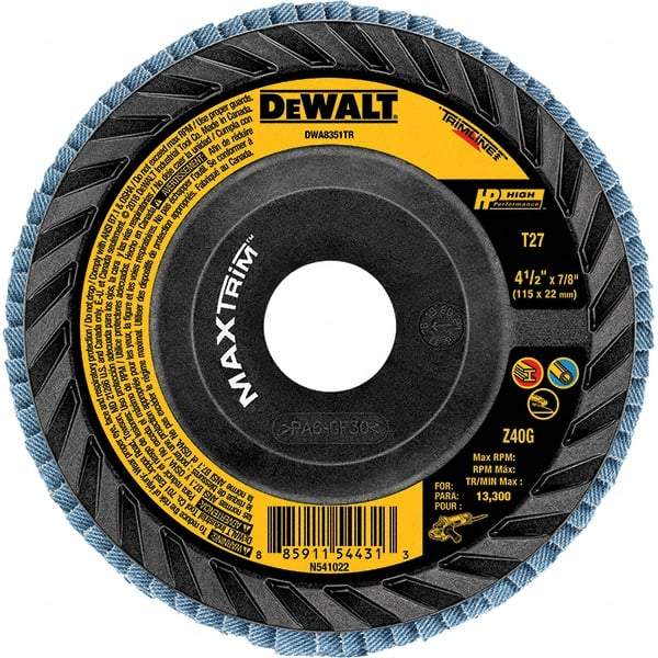 DeWALT - 40 Grit, 4-1/2" Disc Diam, Type 27 Zirconia Alumina Flap Disc - 13,300 Max RPM, Poly Cotton Backing, Arbor Attaching System, Coated - Caliber Tooling