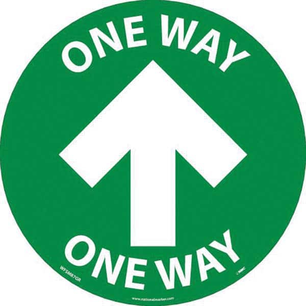 Adhesive Backed Floor Signs; Message Type: COVID-19; Graphic Type: Arrow; Message or Graphic: Message & Graphic; Legend: One Way; Color: White; Green; Special Color Properties: No Special Properties; Material: Vinyl; Shape: Circle; Oval; Height (Inch): 8.