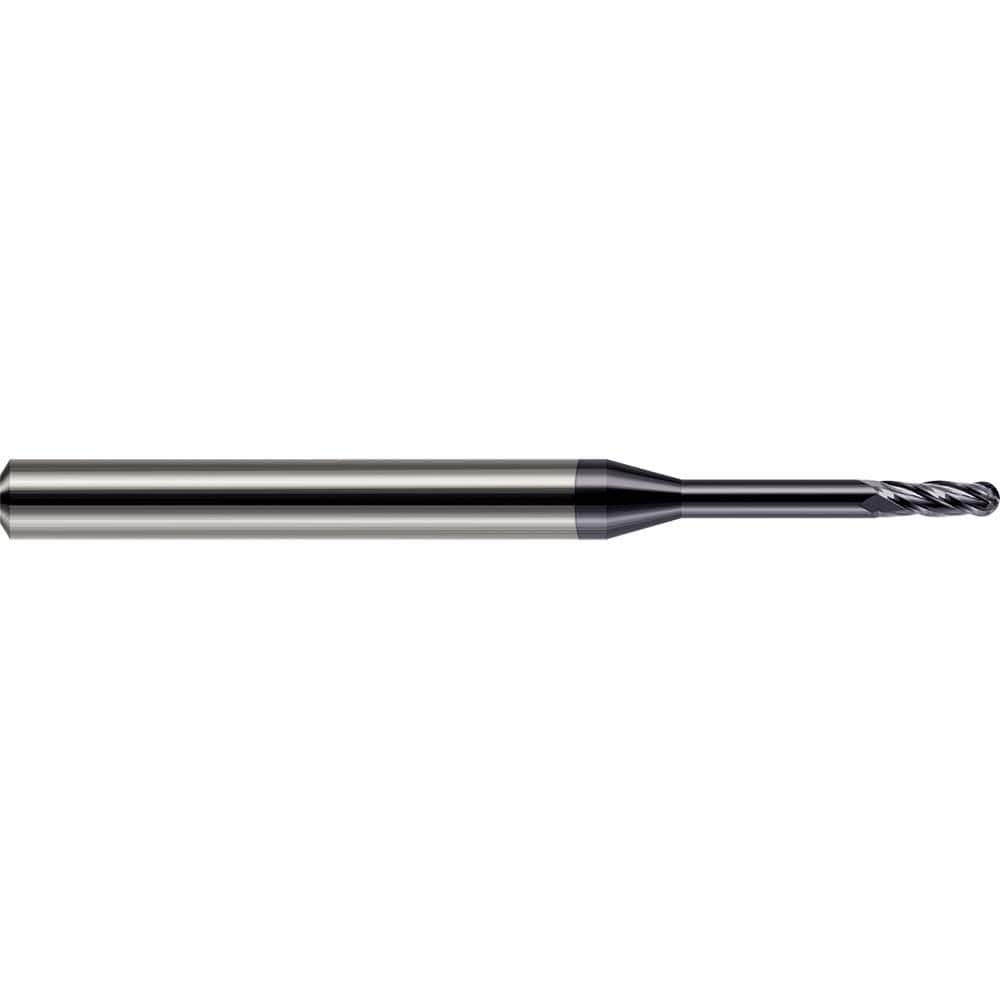 Ball End Mill: 0.078″ Dia, 0.234″ LOC, 4 Flute, Solid Carbide 2″ OAL, 1/8″ Shank Dia, 30 ° Helix, AlTiN Coated, Single End