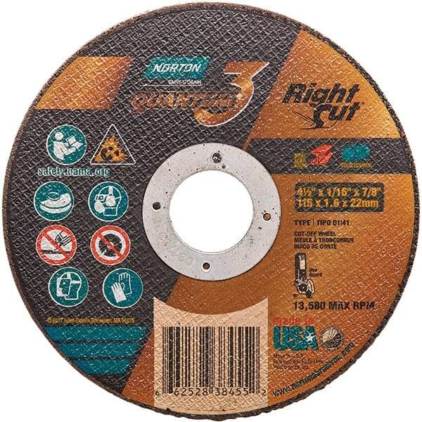 Norton - 4-1/2" 36 Grit Ceramic Alumina Cutoff Wheel - 1/16" Thick, 7/8" Arbor, 13,580 Max RPM, Use with Angle Grinders - Caliber Tooling