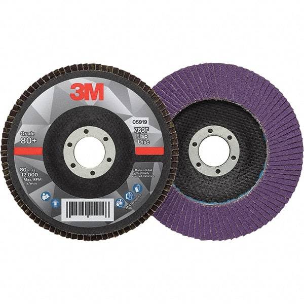 3M - 5" Disc Diam, 7/8" Center Hole, Type 27 Ceramic Flap Disc - 12,000 Max RPM, Fiberglass Backing, Arbor Attaching System, Coated - Caliber Tooling