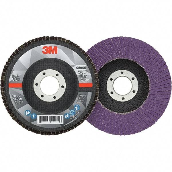 3M - 4-1/2" Disc Diam, 7/8" Center Hole, Type 27 Ceramic Flap Disc - 13,300 Max RPM, Fiberglass Backing, Arbor Attaching System, Coated - Caliber Tooling