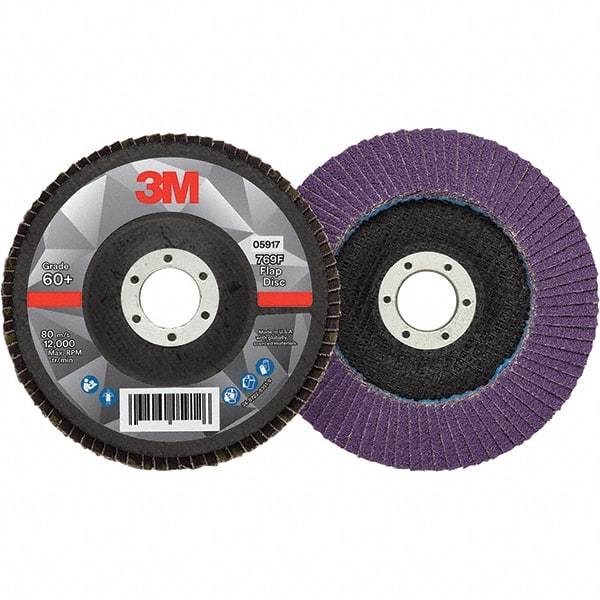 3M - 5" Disc Diam, 7/8" Center Hole, Type 27 Ceramic Flap Disc - 12,000 Max RPM, Fiberglass Backing, Arbor Attaching System, Coated - Caliber Tooling