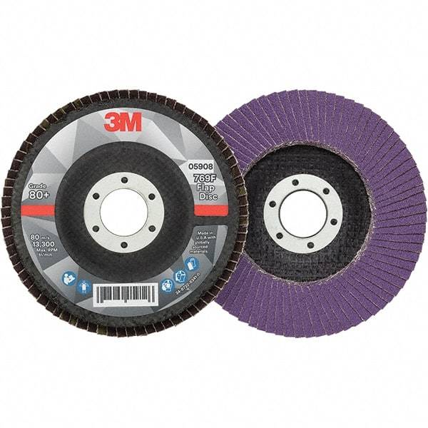 3M - 4-1/2" Disc Diam, 7/8" Center Hole, Type 29 Ceramic Flap Disc - 13,300 Max RPM, Fiberglass Backing, Arbor Attaching System, Coated - Caliber Tooling