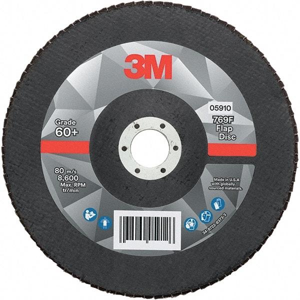 3M - 7" Disc Diam, 7/8" Center Hole, Type 27 Ceramic Flap Disc - 8,600 Max RPM, Fiberglass Backing, Arbor Attaching System, Coated - Caliber Tooling