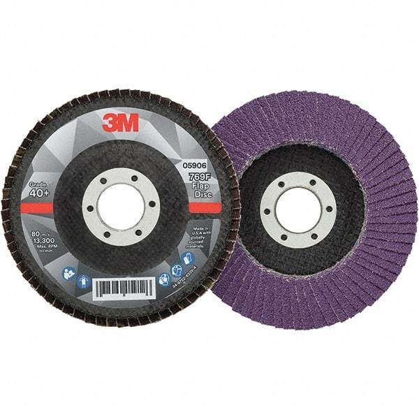 3M - 4-1/2" Disc Diam, 7/8" Center Hole, Type 29 Ceramic Flap Disc - 13,300 Max RPM, Fiberglass Backing, Arbor Attaching System, Coated - Caliber Tooling