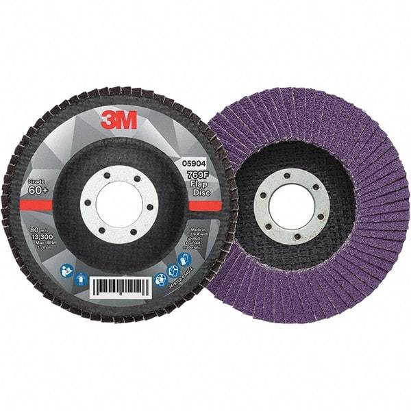 3M - 4-1/2" Disc Diam, 7/8" Center Hole, Type 27 Ceramic Flap Disc - 13,300 Max RPM, Fiberglass Backing, Arbor Attaching System, Coated - Caliber Tooling