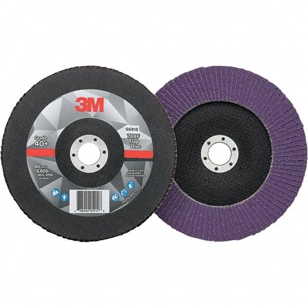 3M - 7" Disc Diam, 7/8" Center Hole, Type 29 Ceramic Flap Disc - 8,600 Max RPM, Fiberglass Backing, Arbor Attaching System, Coated - Caliber Tooling