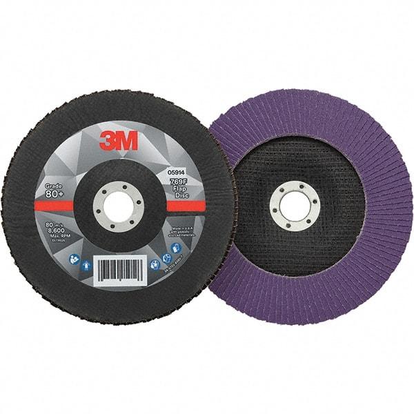 3M - 7" Disc Diam, 7/8" Center Hole, Type 29 Ceramic Flap Disc - 8,600 Max RPM, Fiberglass Backing, Arbor Attaching System, Coated - Caliber Tooling