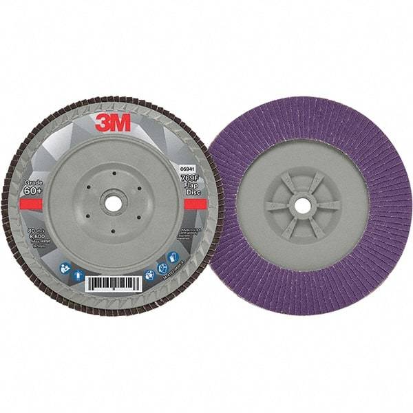 3M - 7" Disc Diam, 5/8-11 Center Hole, Type 27 Ceramic Flap Disc - 8,600 Max RPM, Plastic Backing, Arbor Attaching System, Coated - Caliber Tooling