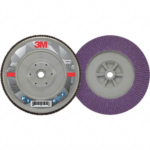 3M - 7" Disc Diam, 5/8-11 Center Hole, Type 29 Ceramic Flap Disc - 8,600 Max RPM, Plastic Backing, Arbor Attaching System, Coated - Caliber Tooling