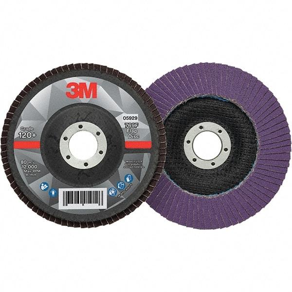 3M - 5" Disc Diam, 7/8" Center Hole, Type 29 Ceramic Flap Disc - 12,000 Max RPM, Fiberglass Backing, Arbor Attaching System, Coated - Caliber Tooling