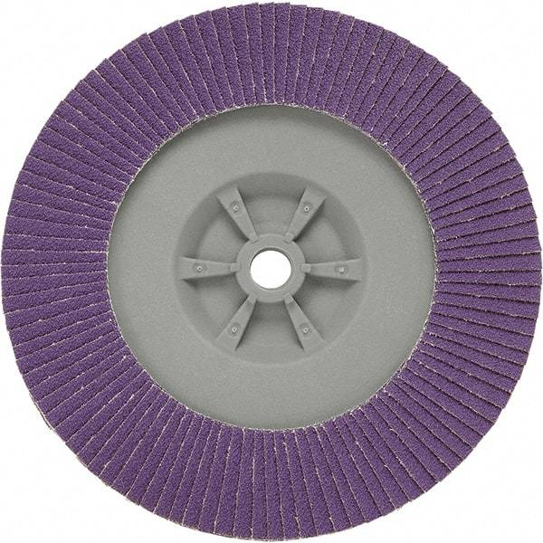 3M - 7" Disc Diam, 5/8-11 Center Hole, Type 29 Ceramic Flap Disc - 8,600 Max RPM, Plastic Backing, Arbor Attaching System, Coated - Caliber Tooling