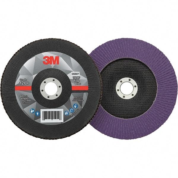 3M - 7" Disc Diam, 7/8" Center Hole, Type 29 Ceramic Flap Disc - 8,600 Max RPM, Fiberglass Backing, Arbor Attaching System, Coated - Caliber Tooling