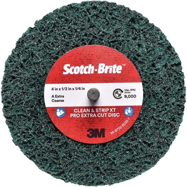 3M - 4" Extra Coarse Grade Aluminum Oxide Deburring Disc - 1/4" Center Hole, Quick Change Connection, Green, 12,000 Max RPM - Caliber Tooling