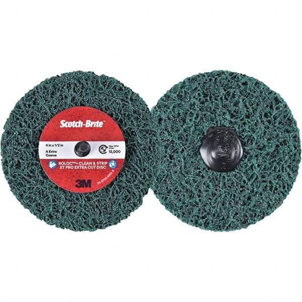 3M - 4" Extra Coarse Grade Aluminum Oxide Deburring Disc - 1/2" Center Hole, Quick Change Connection, Green, 12,000 Max RPM - Caliber Tooling