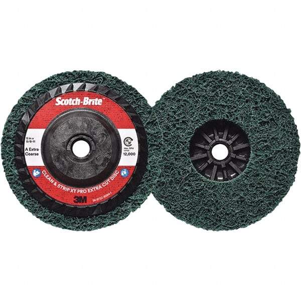 3M - 5" Extra Coarse Grade Aluminum Oxide Deburring Disc - 5/8-11 Threaded Center Hole, Quick Change Connection, Green, 12,000 Max RPM - Caliber Tooling