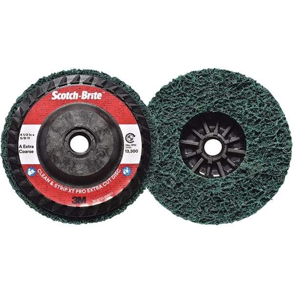 3M - 4-1/2" Extra Coarse Grade Aluminum Oxide Deburring Disc - 5/8-11 Threaded Center Hole, Quick Change Connection, Green, 13,300 Max RPM - Caliber Tooling