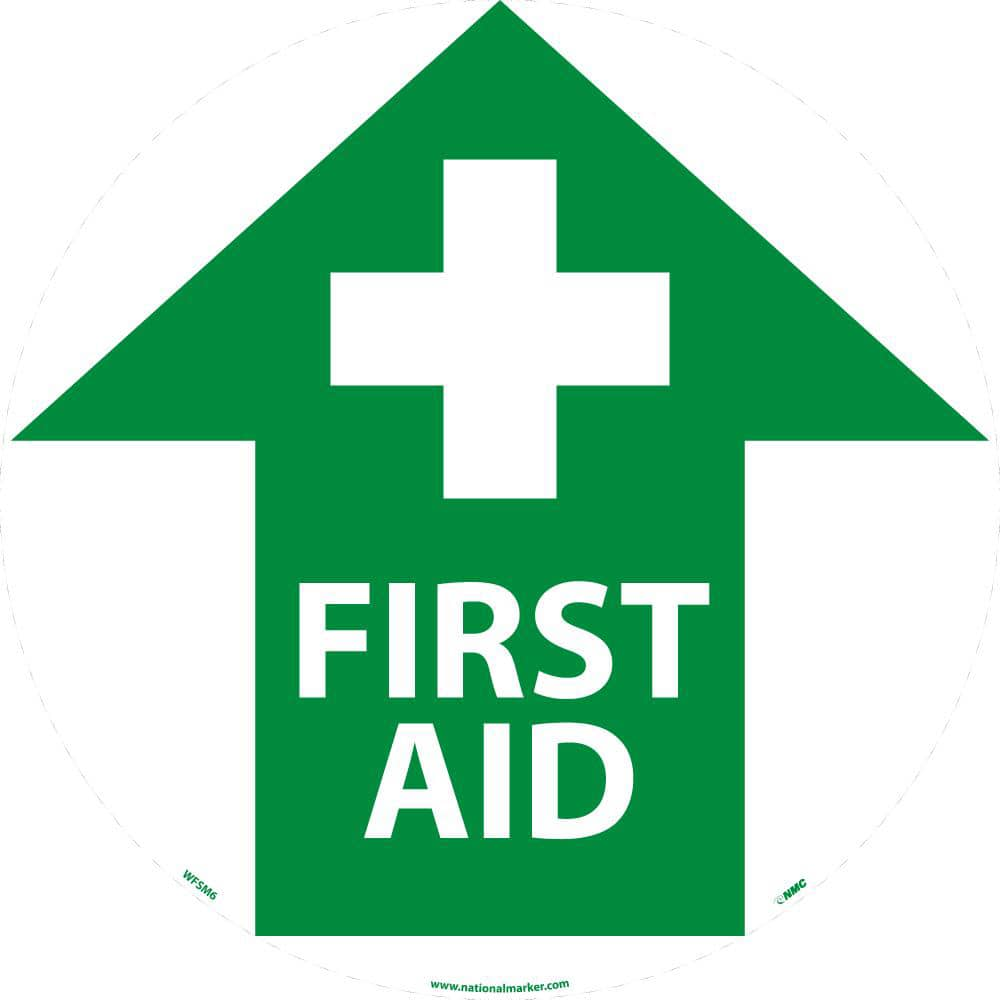 NMC - Adhesive Backed Floor Signs; Message Type: First Aid ; Graphic Type: Cross in Up Arrow ; Message or Graphic: Message & Graphic ; Legend: First Aid ; Color: Green; White ; Special Color Properties: No Special Properties - Exact Industrial Supply