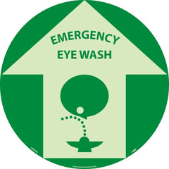 NMC - Adhesive Backed Floor Signs; Message Type: Restroom, Janitorial & Housekeeping ; Graphic Type: Head over Eye Wash ; Message or Graphic: Message & Graphic ; Legend: Emergency Eyewash ; Color: Green; Beige ; Special Color Properties: Glow-In-The-Dark - Exact Industrial Supply