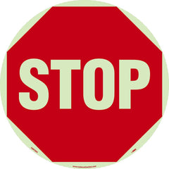 NMC - Adhesive Backed Floor Signs; Message Type: Accident Prevention ; Graphic Type: Stop Sign ; Message or Graphic: Message & Graphic ; Legend: Stop ; Color: Red on Glow ; Special Color Properties: Glow-In-The-Dark - Exact Industrial Supply